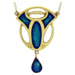 Antique Art Nouveau Enamel and 18 Karat Yellow Gold Pendant