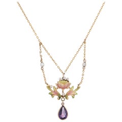 Antique Art Nouveau Enamel Drop Necklace Lotus Flower Amethyst Pearls 10k Gold