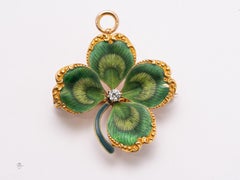 Antique Art Nouveau Enamel Four-Leaf Clover Brooch with Diamond Center