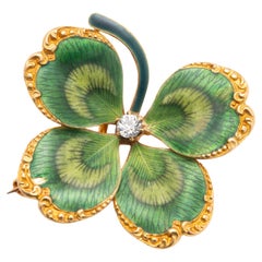 Antique Art Nouveau Enamel Four-Leaf Clover Brooch with Diamond Center Antique Art Nouveau Enamel Four-Leaf Clover Brooch with Diamond Center