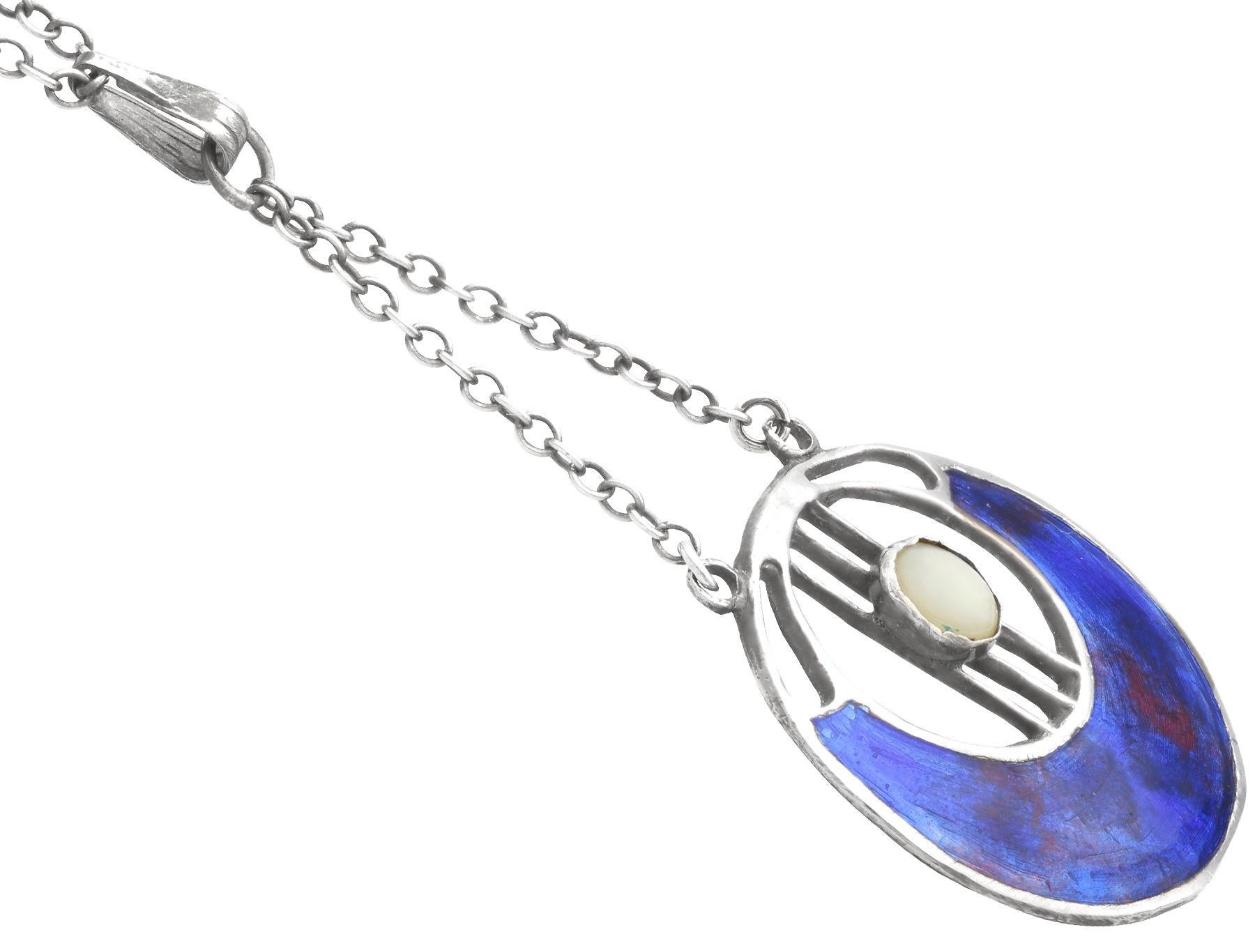 Round Cut Antique Art Nouveau Enamel Mother of Pearl and Sterling Silver Pendant For Sale