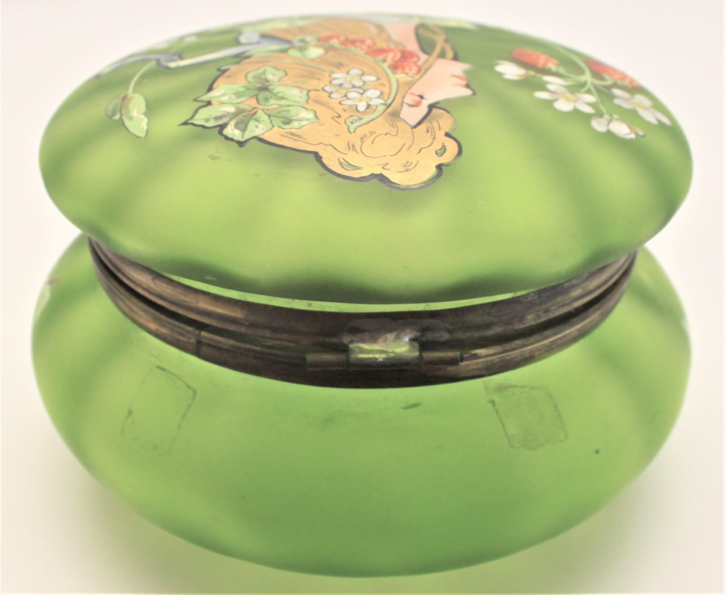 Antique Art Nouveau Enameled Green Satin Glass Dresser Jar or Box 4