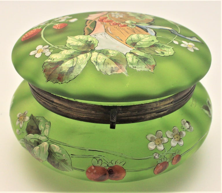 Antique Art Nouveau Enameled Green Satin Glass Dresser Jar or Box For