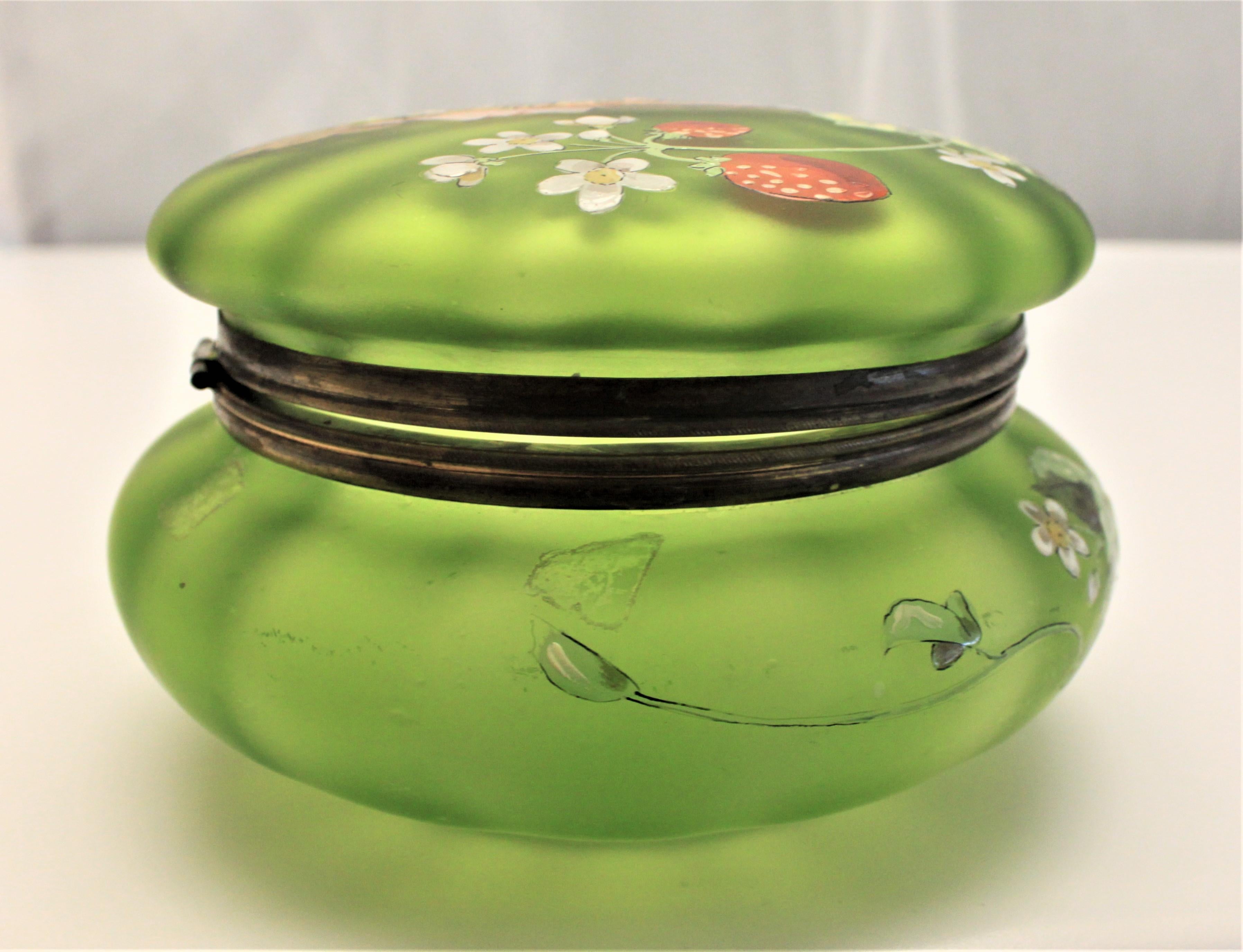 Antique Art Nouveau Enameled Green Satin Glass Dresser Jar or Box 6