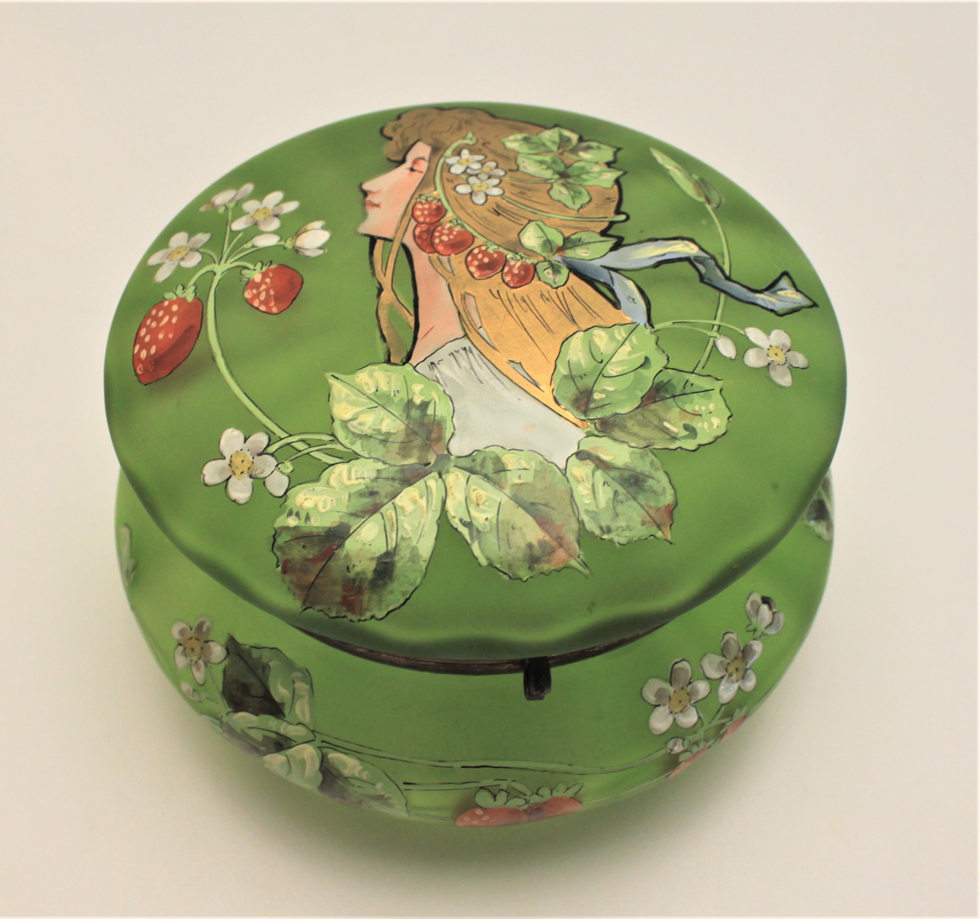 English Antique Art Nouveau Enameled Green Satin Glass Dresser Jar or Box