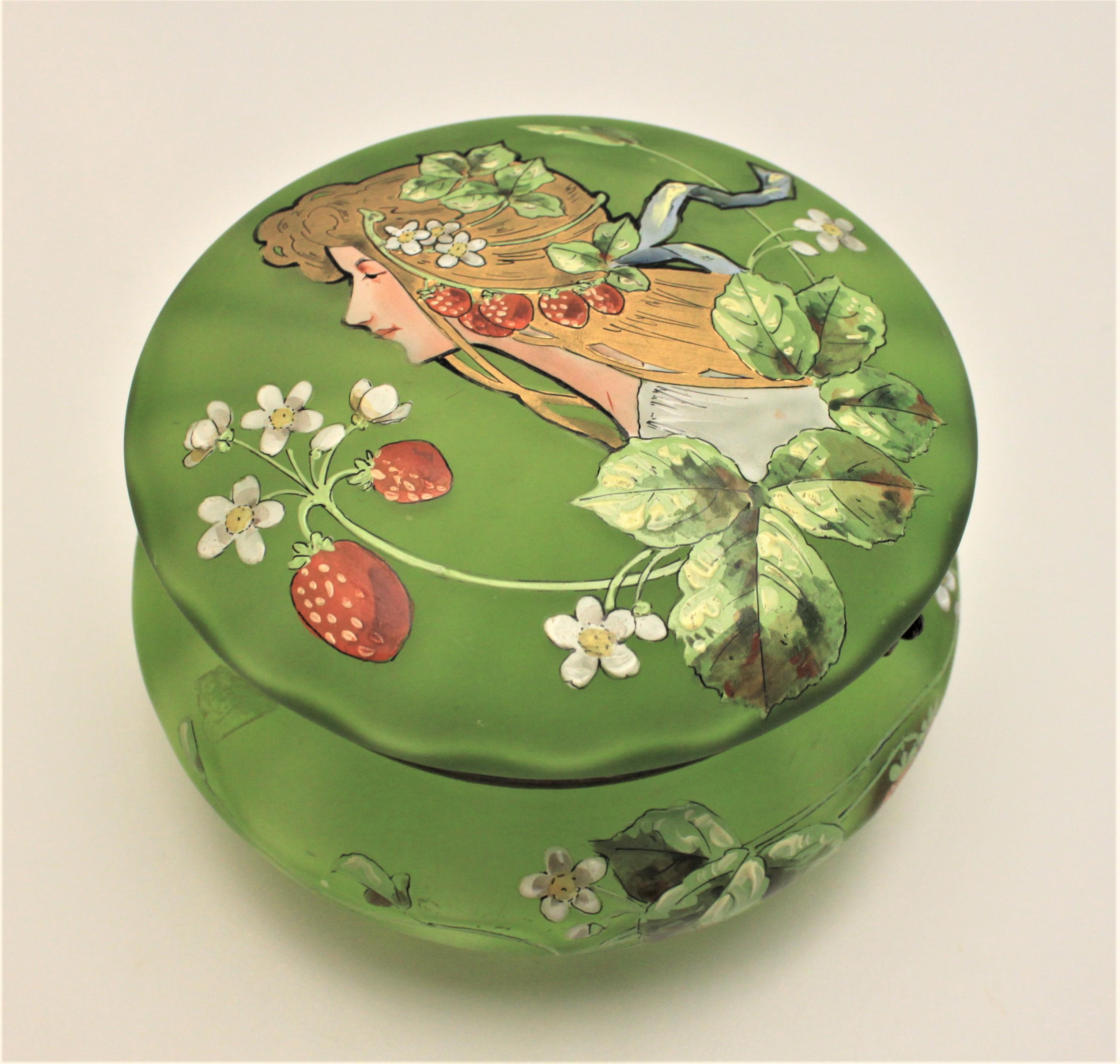 Hand-Painted Antique Art Nouveau Enameled Green Satin Glass Dresser Jar or Box