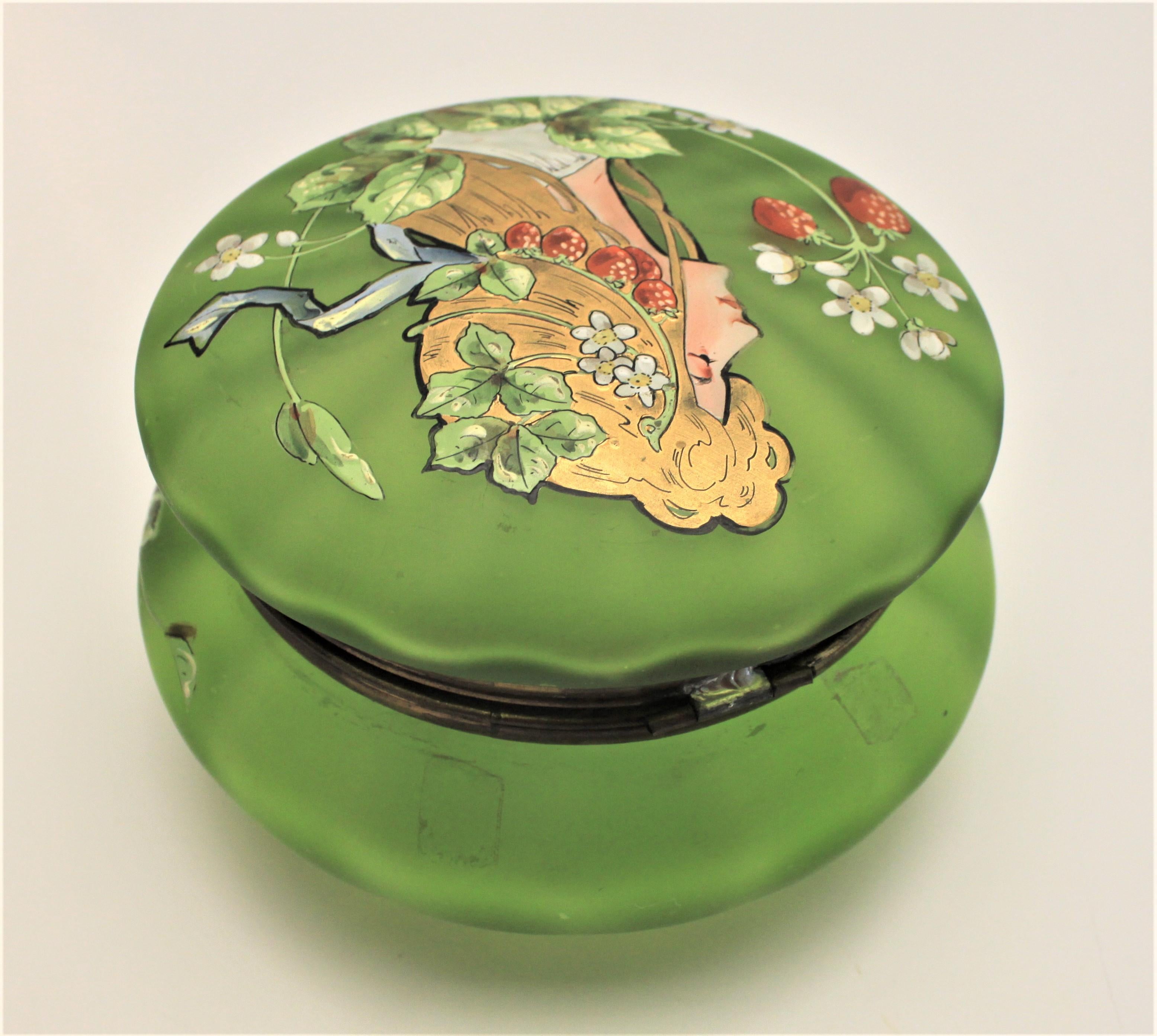 19th Century Antique Art Nouveau Enameled Green Satin Glass Dresser Jar or Box