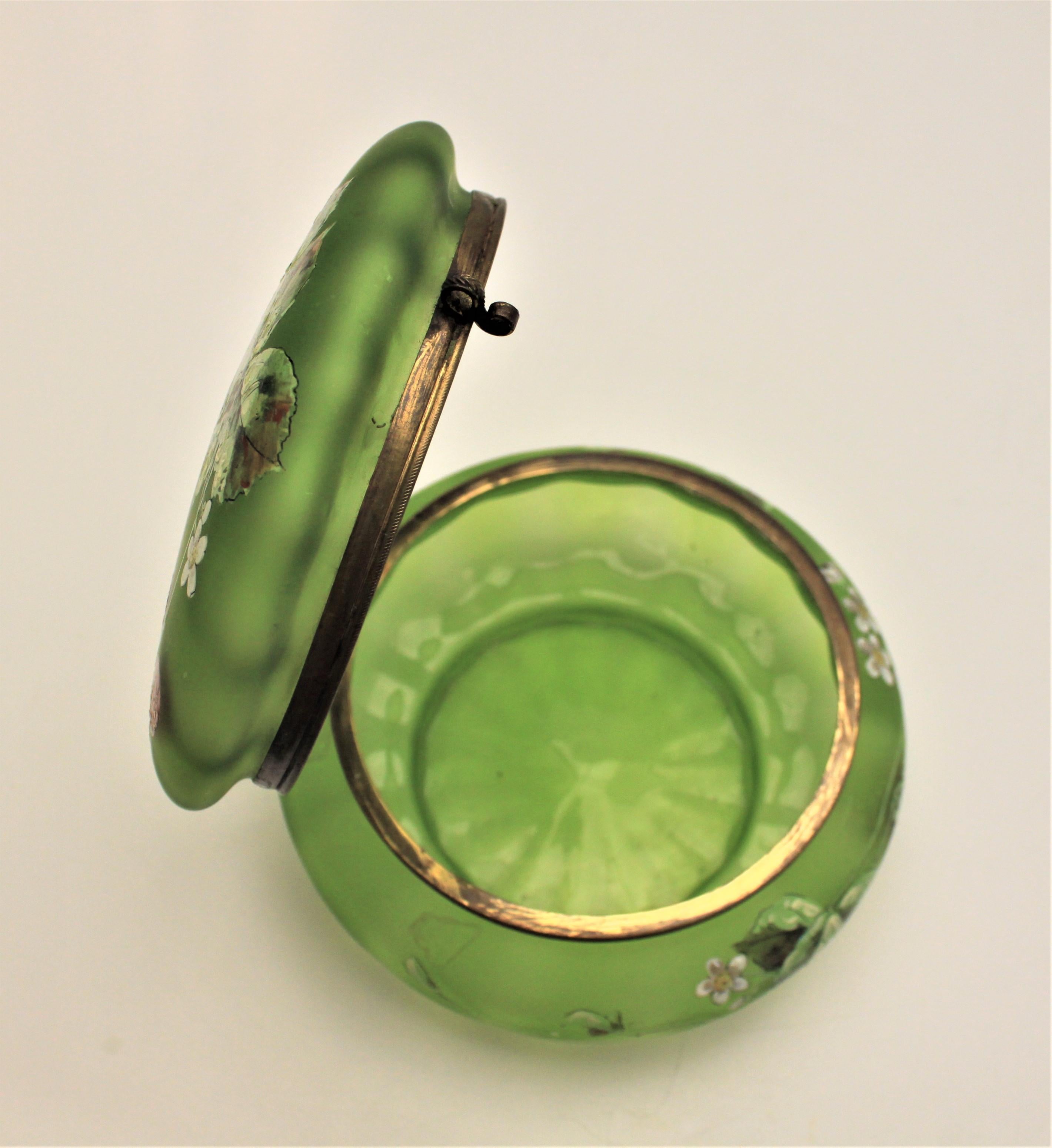 Antique Art Nouveau Enameled Green Satin Glass Dresser Jar or Box 2