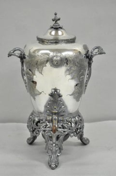Antique Art Nouveau English Silver Plated Floral Repousse Samovar Coffee Tea Pot
