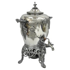 Antique Art Nouveau English Silver Plated Floral Repousse Samovar Coffee Tea Pot