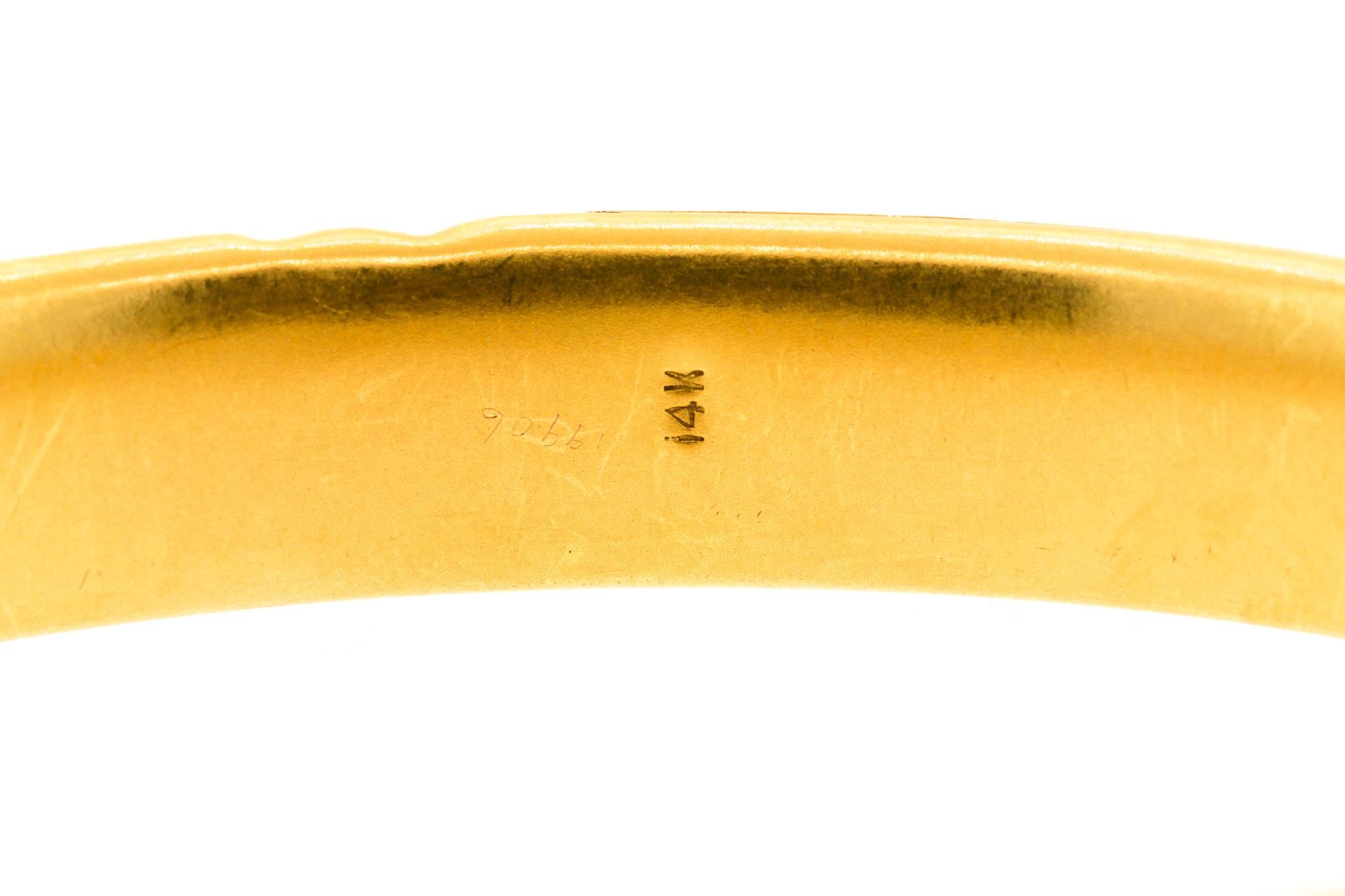 Women's or Men's Antique Art Nouveau Engraved 14 Karat Gold Peridot Hollow Form Bangle Bracelet