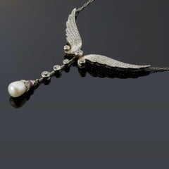 Antique Art Nouveau Era Platinum Diamond, Pearl & Ruby Angel Wings Necklace