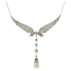 Antique Art Nouveau Era Platinum Diamond, Pearl & Ruby Angel Wings Necklace
