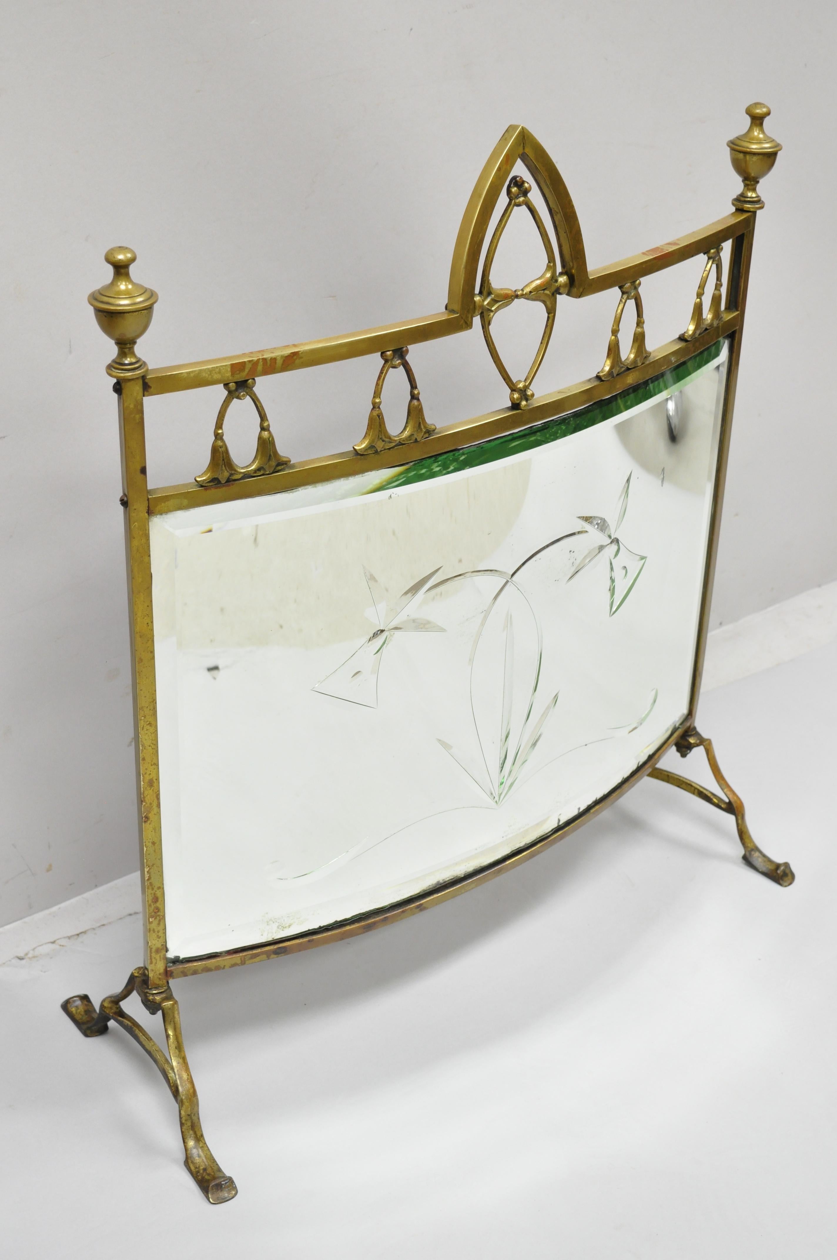Antique Art Nouveau Etched Mirror Glass and Brass Fireplace Screen Firescreen 4