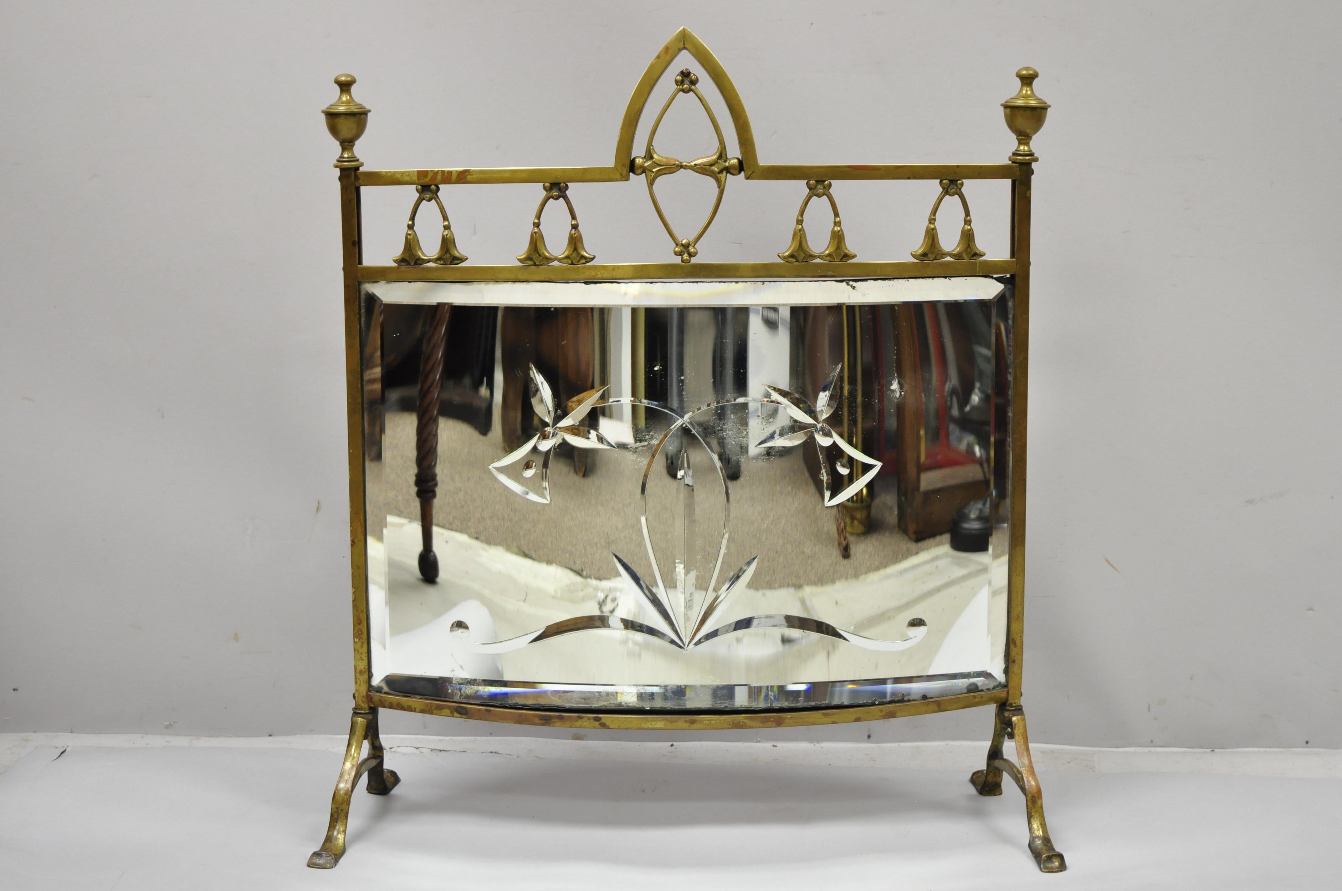 Antique Art Nouveau Etched Mirror Glass and Brass Fireplace Screen