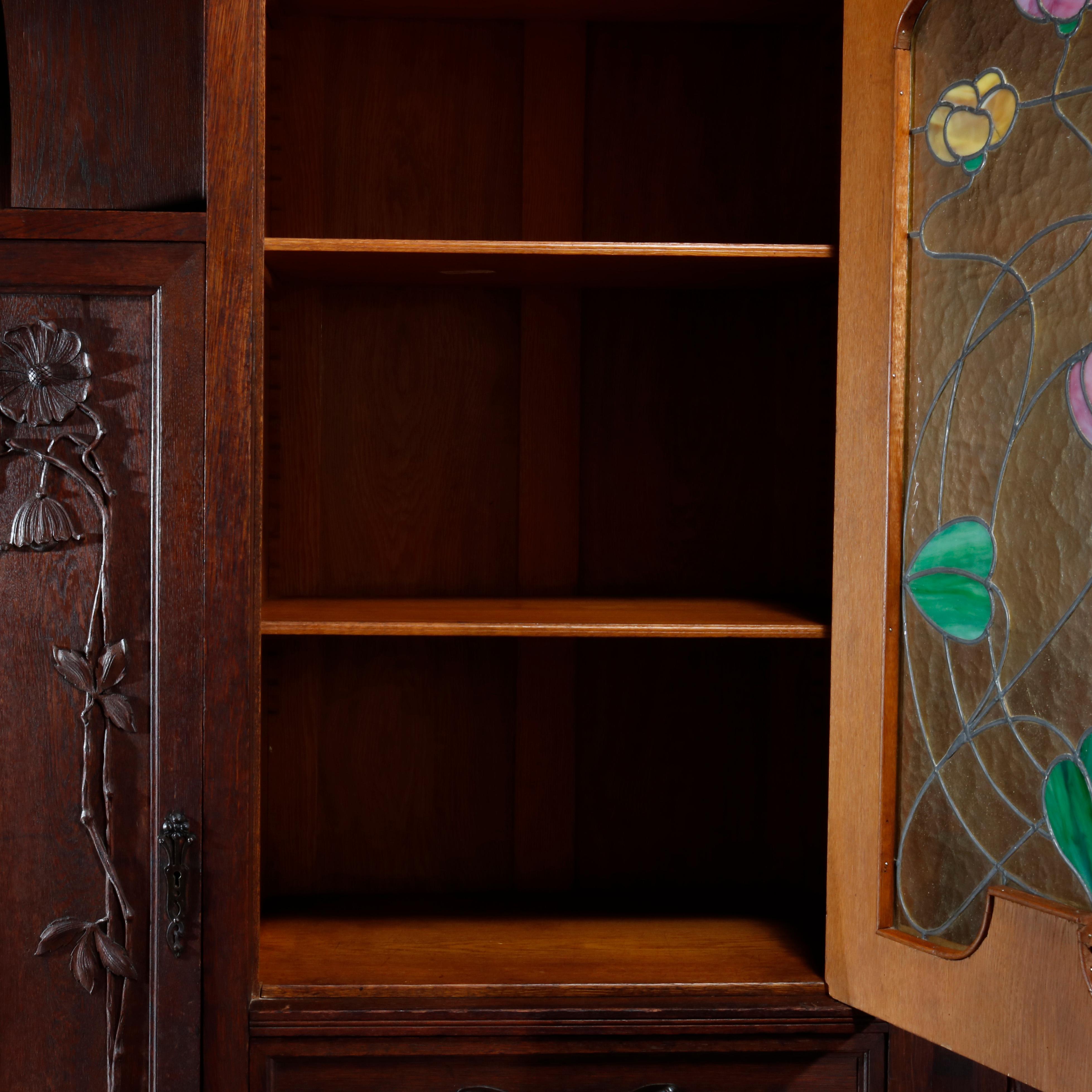 Antique Art Nouveau Sarah Bernhardt Oak & Leaded Glass Door Bookcase, c 1900 4