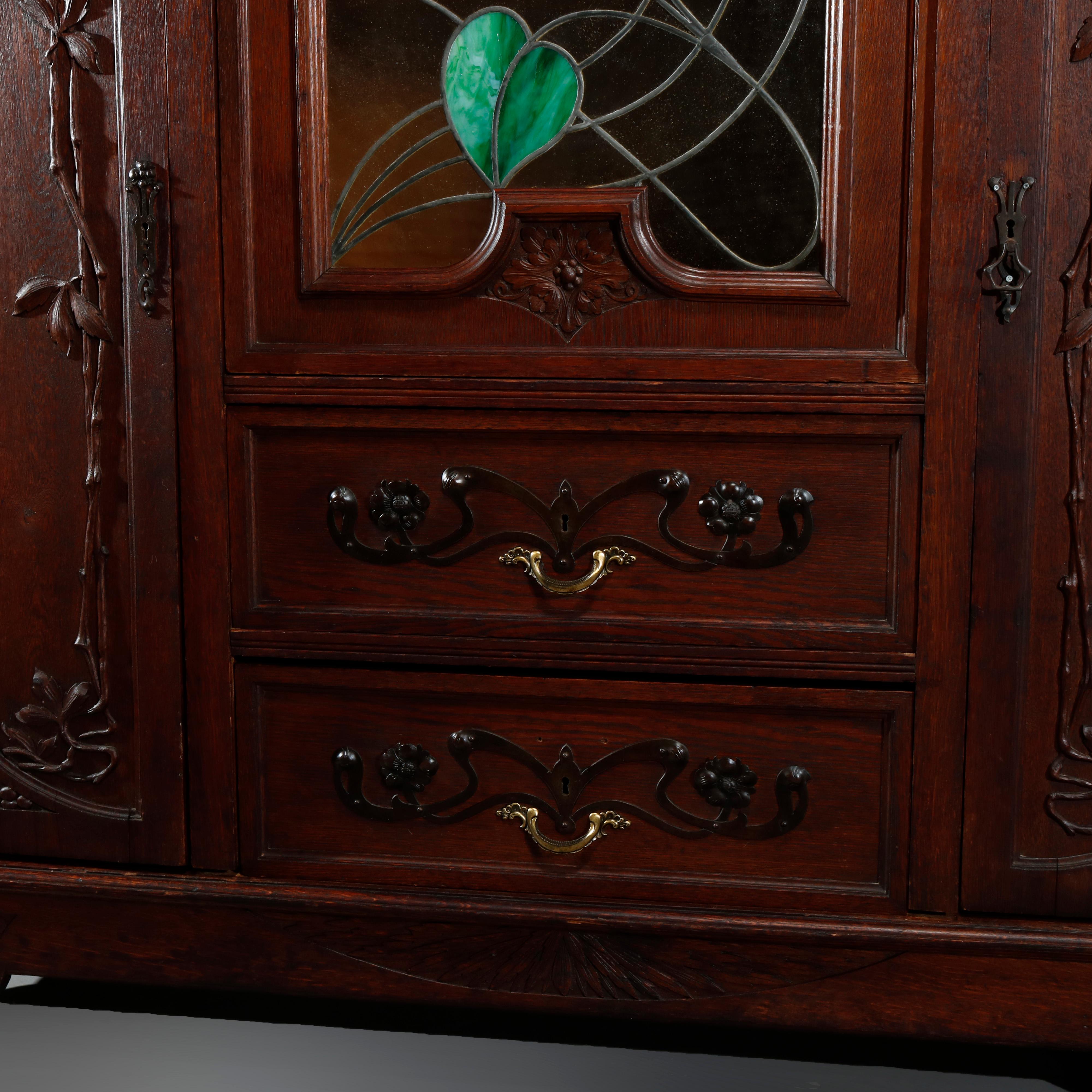 Antique Art Nouveau Sarah Bernhardt Oak & Leaded Glass Door Bookcase, c 1900 6