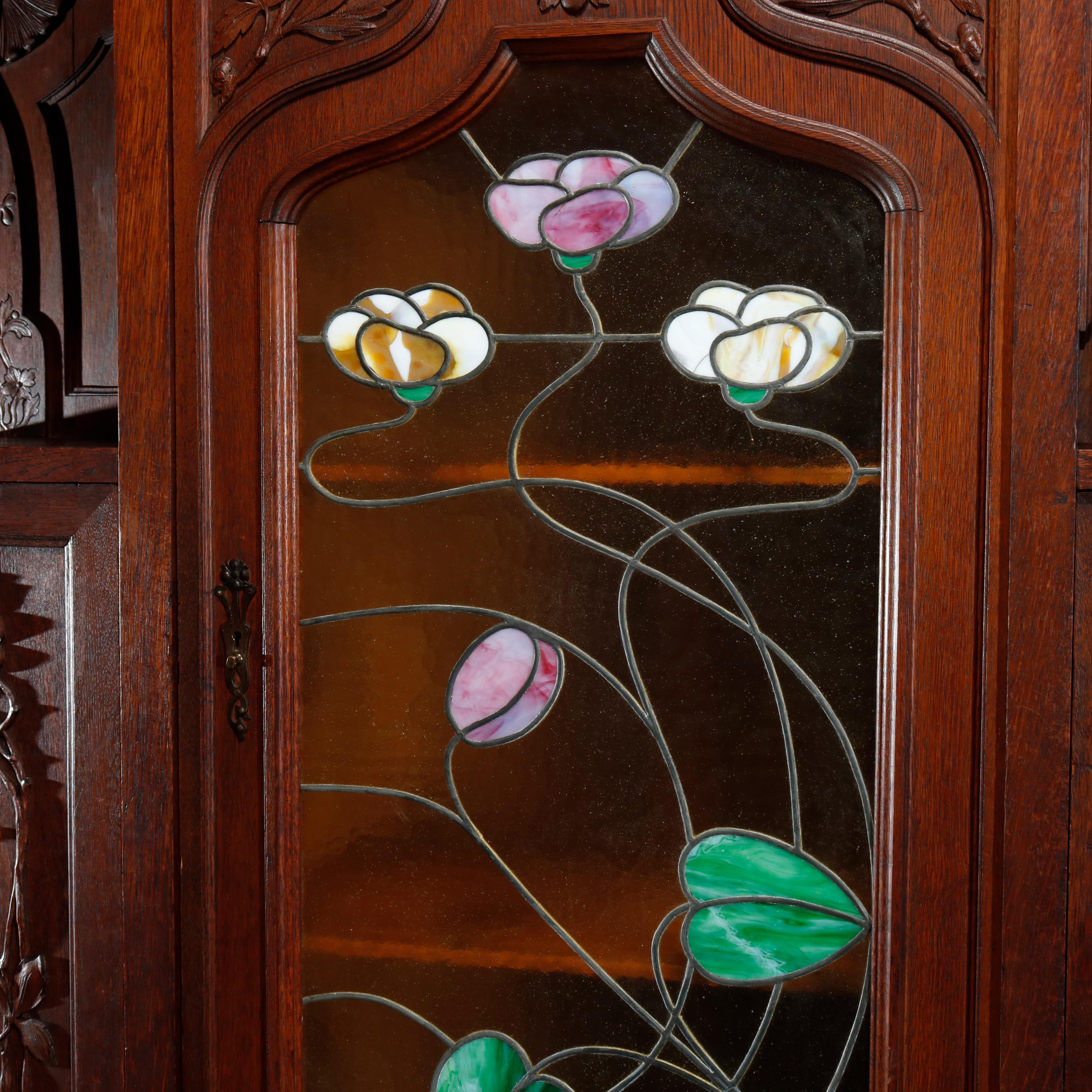 European Antique Art Nouveau Sarah Bernhardt Oak & Leaded Glass Door Bookcase, c 1900