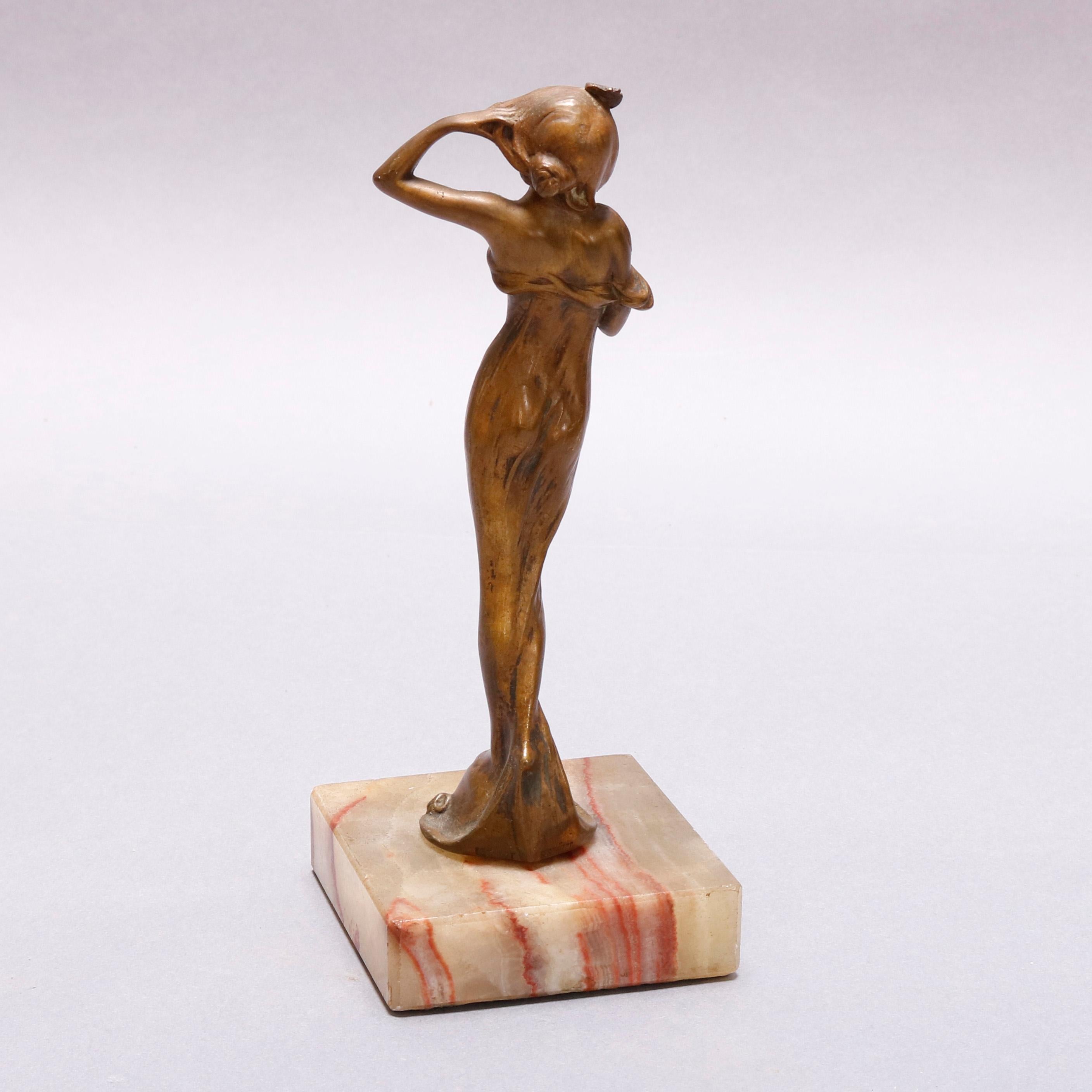 French Antique Art Nouveau Figural Cast Bronze Sculpture of Woman on Marble Base