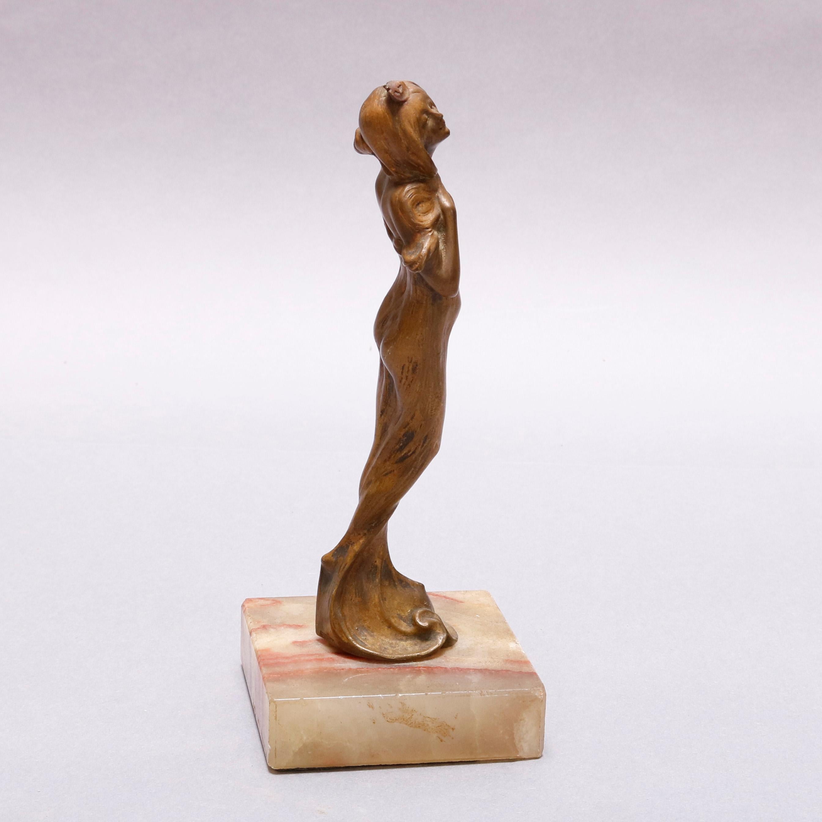 Antique Art Nouveau Figural Cast Bronze Sculpture of Woman on Marble Base In Good Condition In Big Flats, NY