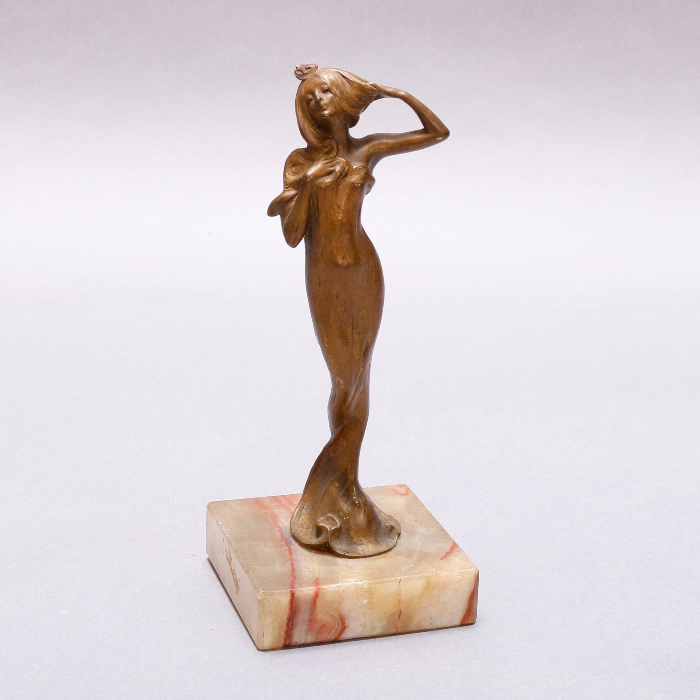 20th Century Antique Art Nouveau Figural Cast Bronze Sculpture of Woman on Marble Base
