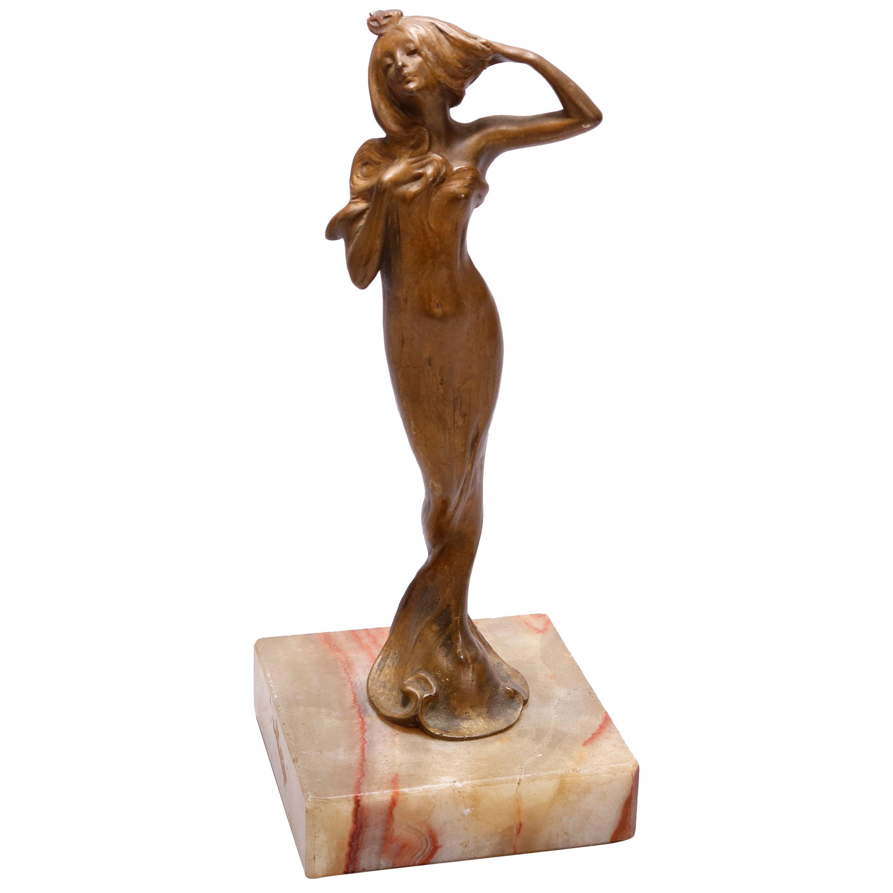 Antique Art Nouveau Figural Cast Bronze Sculpture of Woman on Marble Base