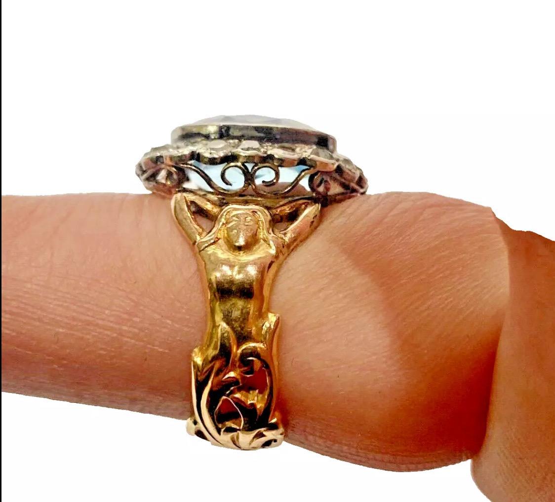 Antique Art Nouveau Figural Reclining Woman. Aquamarine & Diamond Ring Ca 1900 For Sale 10