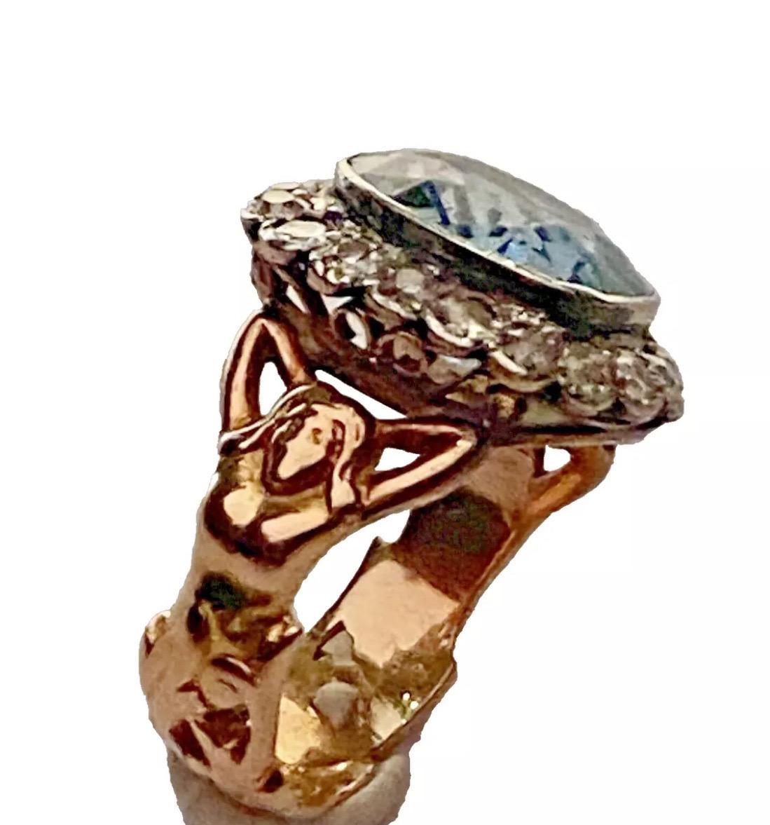 Antique Art Nouveau Figural Reclining Woman. Aquamarine & Diamond Ring Ca 1900 For Sale 11
