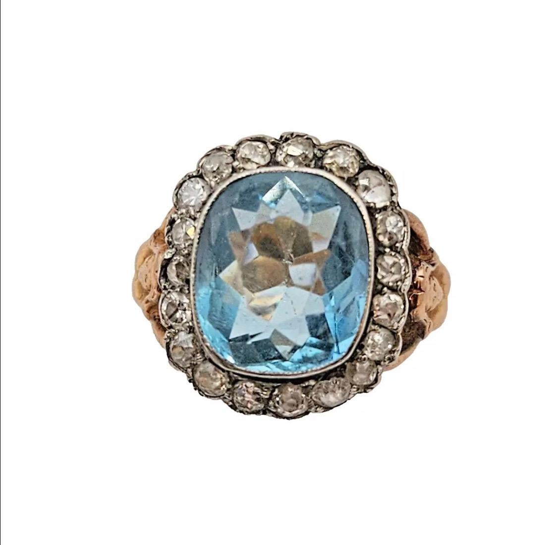 A Figural Art Nouveau  Gold Ring
An extremely fine aquamarine and diamond, Art Nouveau period cluster Ring, 
Set in 18ct yellow gold . With a single, centre-raised, rub over set square cushion-shaped aquamarine surrounded by nineteen, small, old