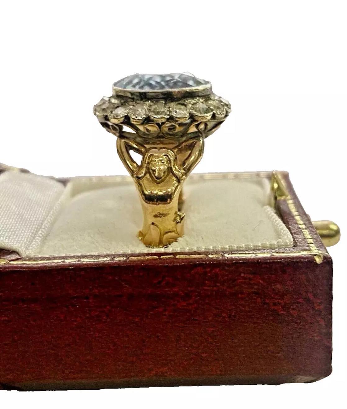 Emerald Cut Antique Art Nouveau Figural Reclining Woman. Aquamarine & Diamond Ring Ca 1900 For Sale