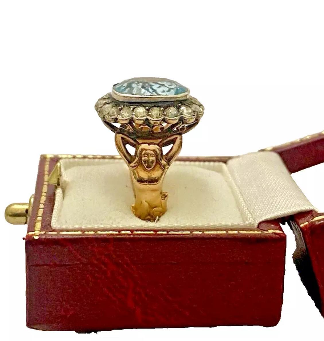 Women's Antique Art Nouveau Figural Reclining Woman. Aquamarine & Diamond Ring Ca 1900 For Sale