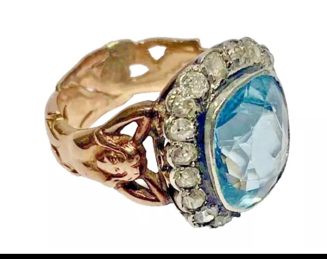Antique Art Nouveau Figural Reclining Woman. Aquamarine & Diamond Ring Ca 1900 For Sale 2
