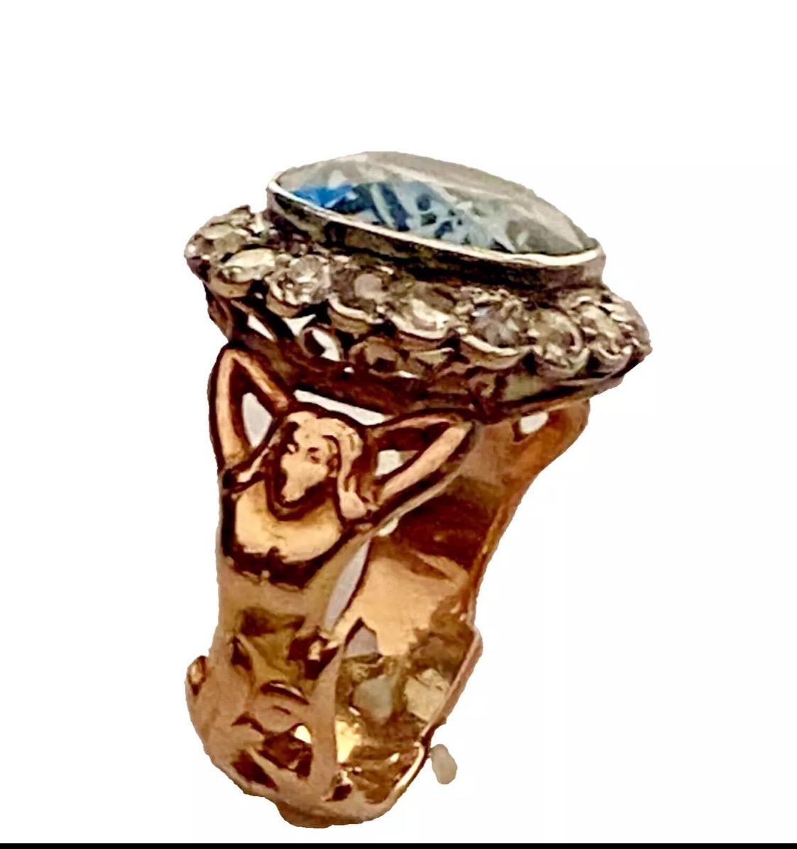 Antique Art Nouveau Figural Reclining Woman. Aquamarine & Diamond Ring Ca 1900 For Sale 4