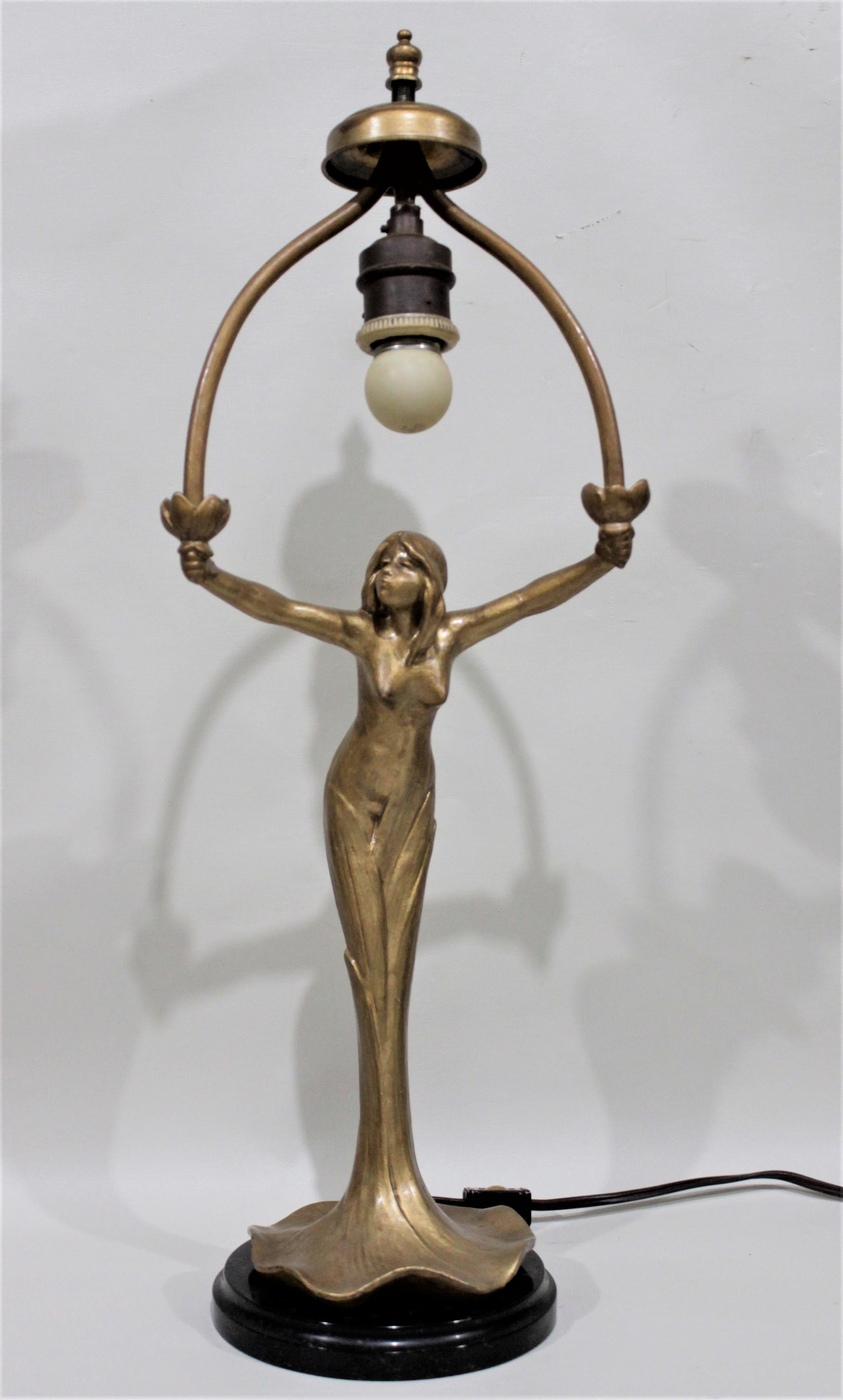 Spelter Antique Art Nouveau Figural Young Female Table Lamp with an Art Glass Shade For Sale