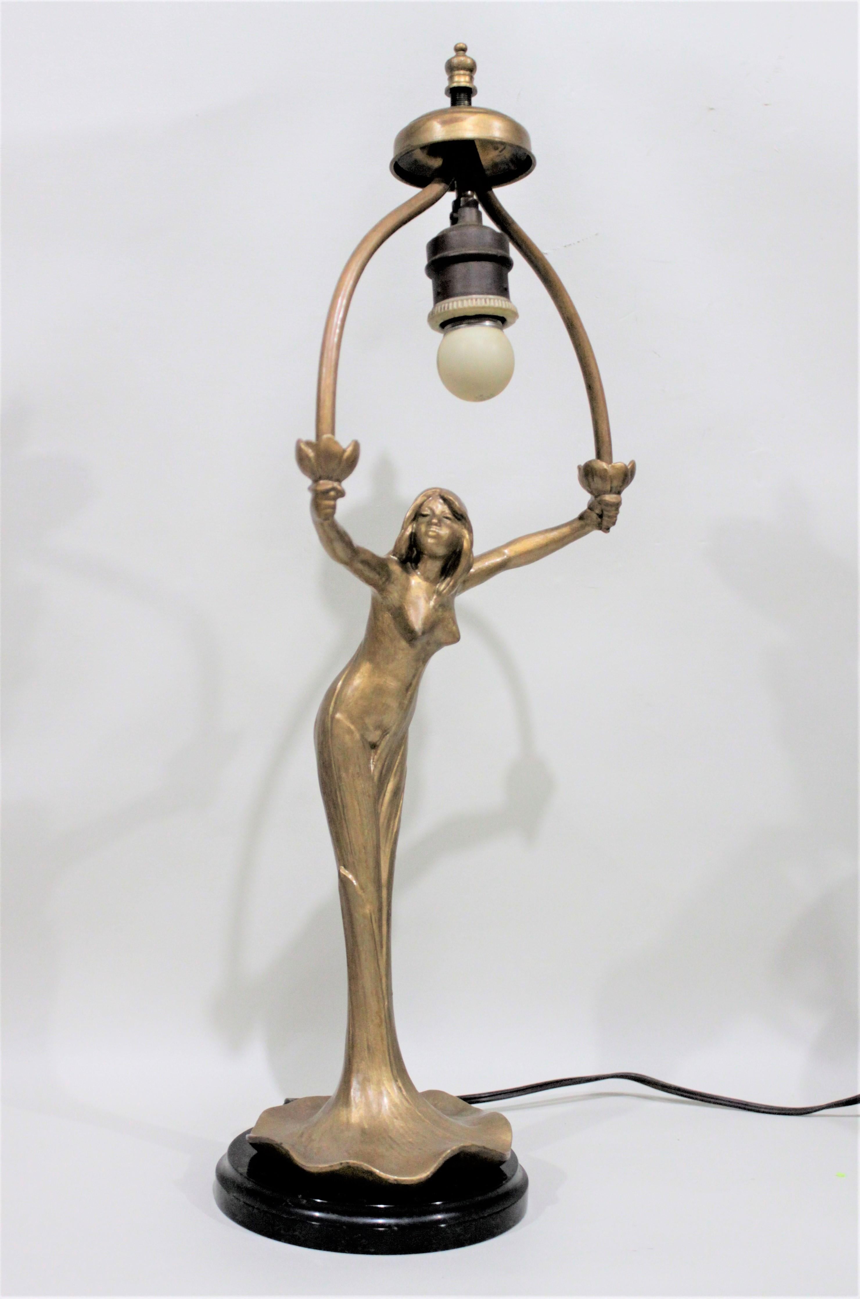 Antique Art Nouveau Figural Young Female Table Lamp with an Art Glass Shade For Sale 1
