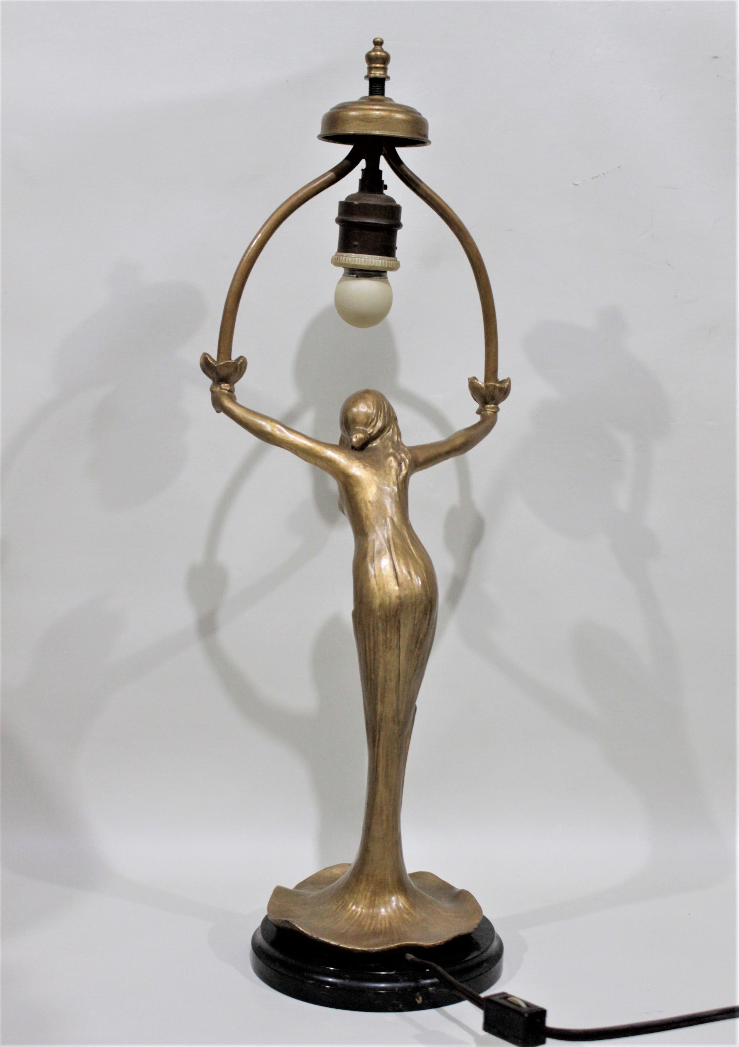 Antique Art Nouveau Figural Young Female Table Lamp with an Art Glass Shade For Sale 3