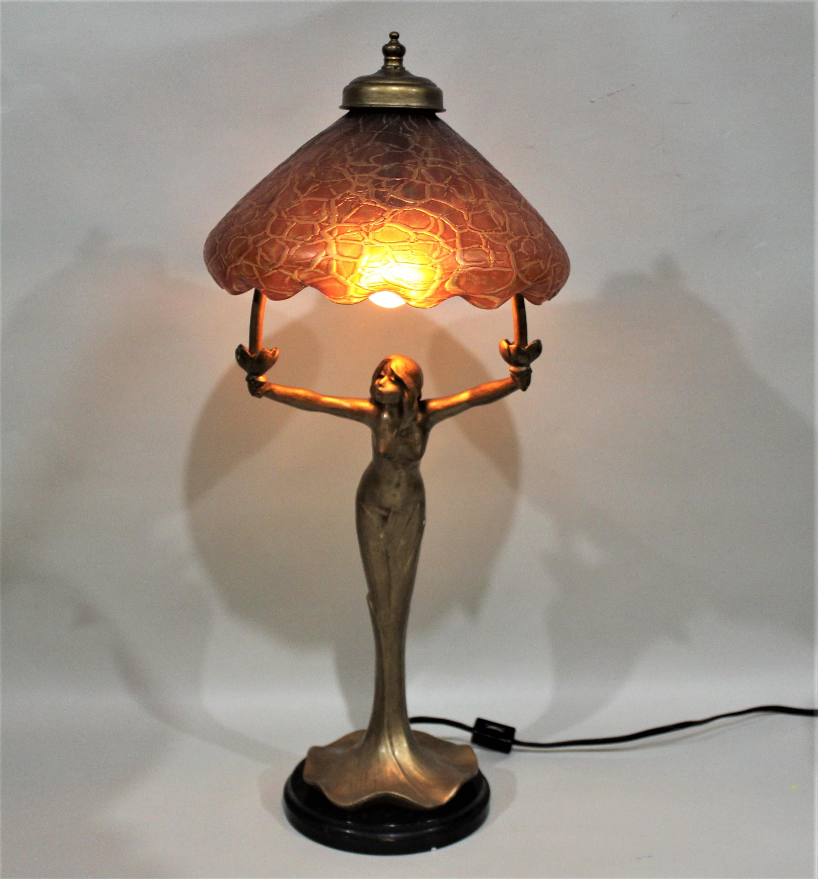 Antique Art Nouveau Figural Young Female Table Lamp with an Art Glass Shade For Sale 9
