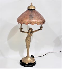 Antique Art Nouveau Figural Young Female Table Lamp with an Art Glass Shade