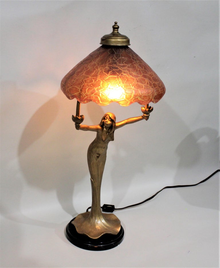 Antique Art Nouveau Figural Young Female Table Lamp with an Art Glass