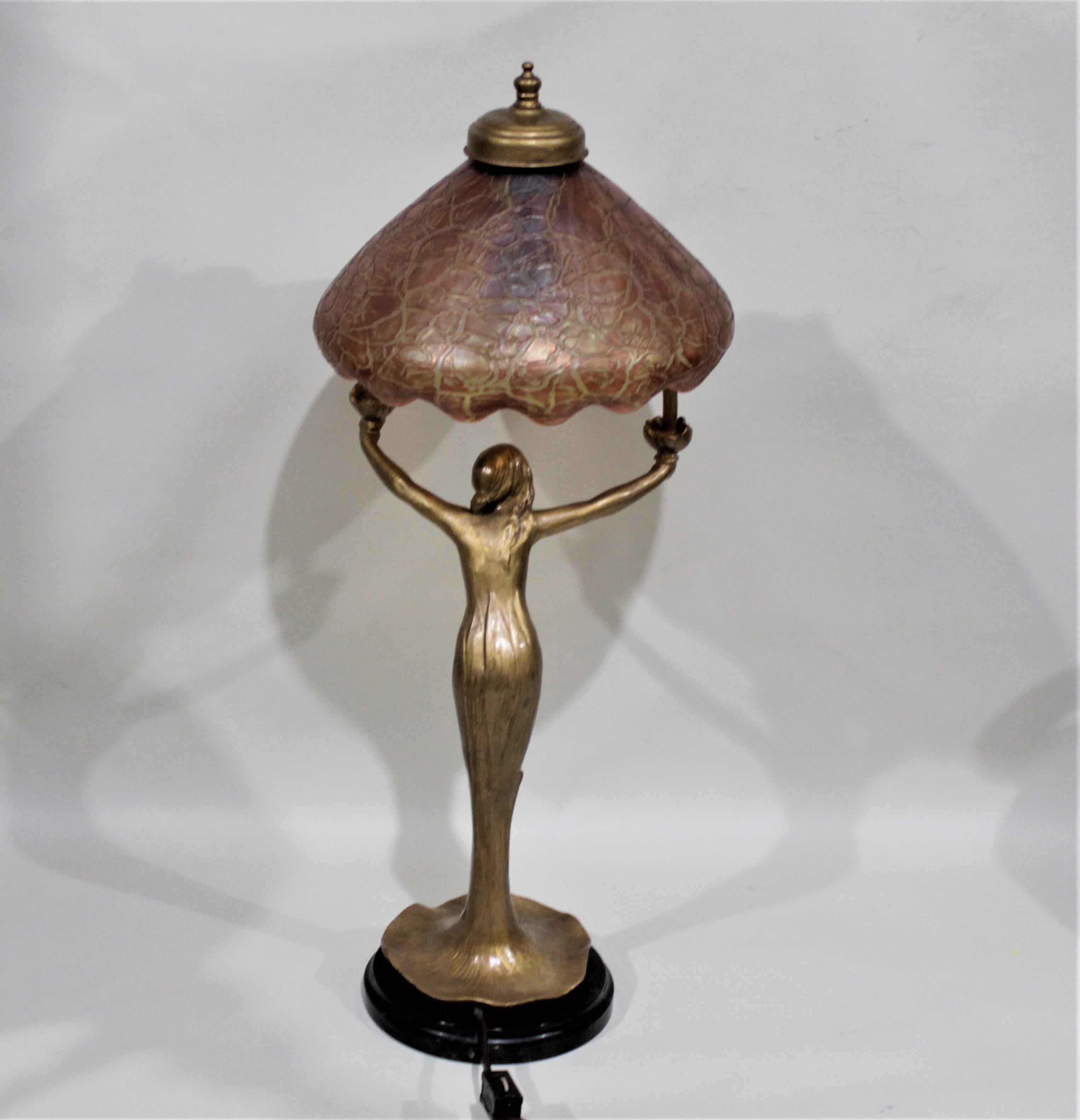 Czech Antique Art Nouveau Figural Young Female Table Lamp with an Art Glass Shade For Sale