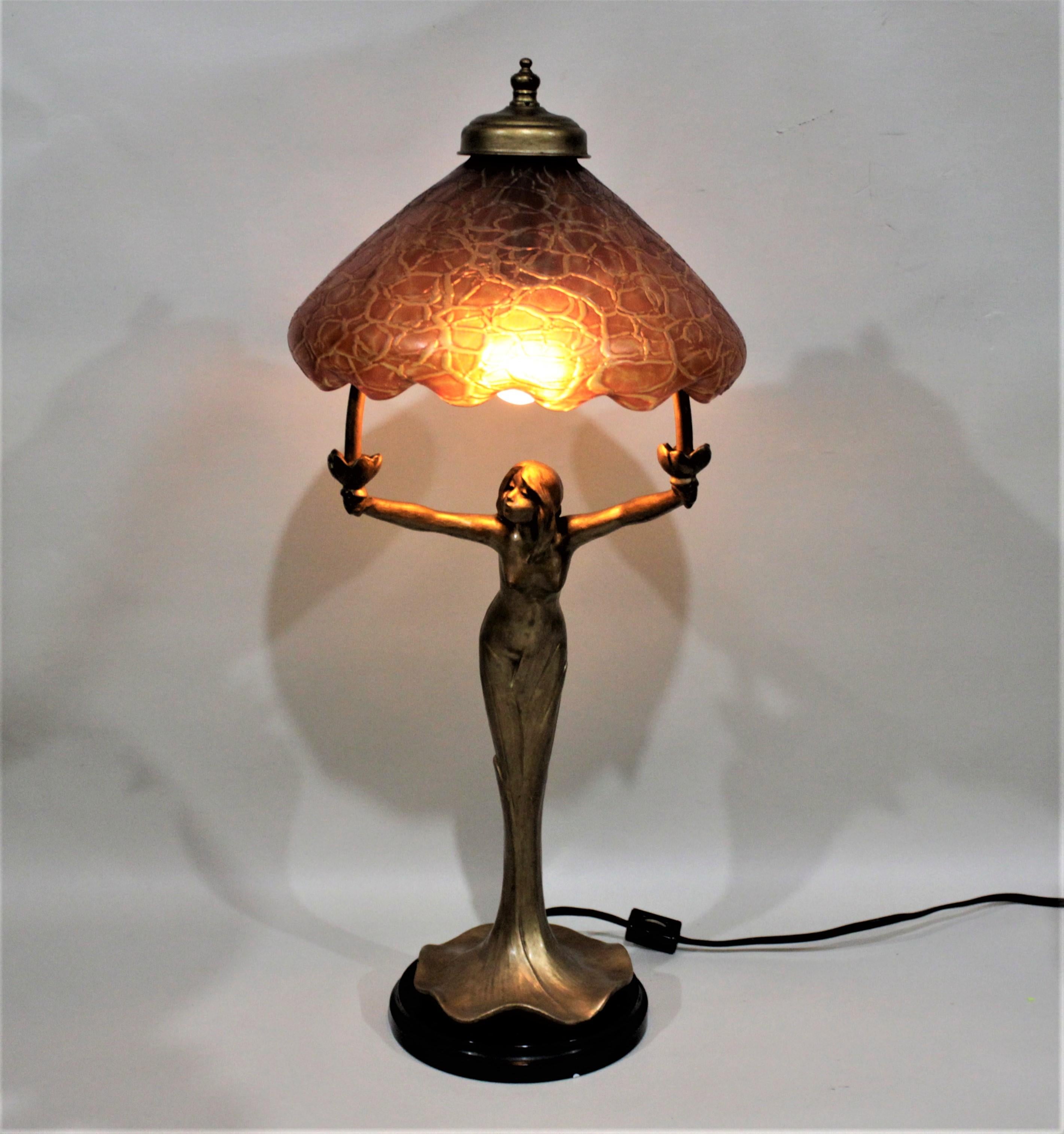 Cast Antique Art Nouveau Figural Young Female Table Lamp with an Art Glass Shade For Sale