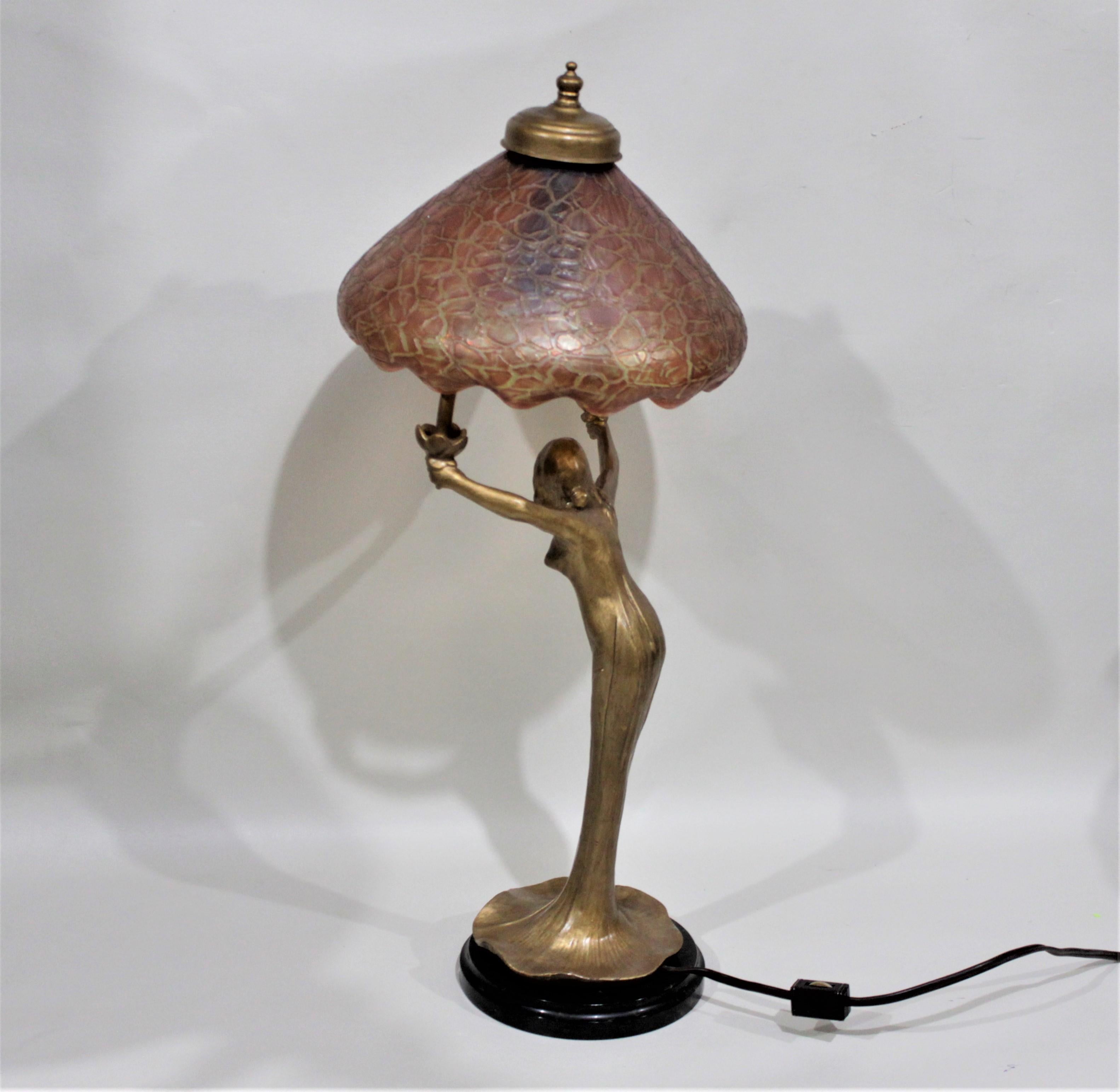20th Century Antique Art Nouveau Figural Young Female Table Lamp with an Art Glass Shade For Sale