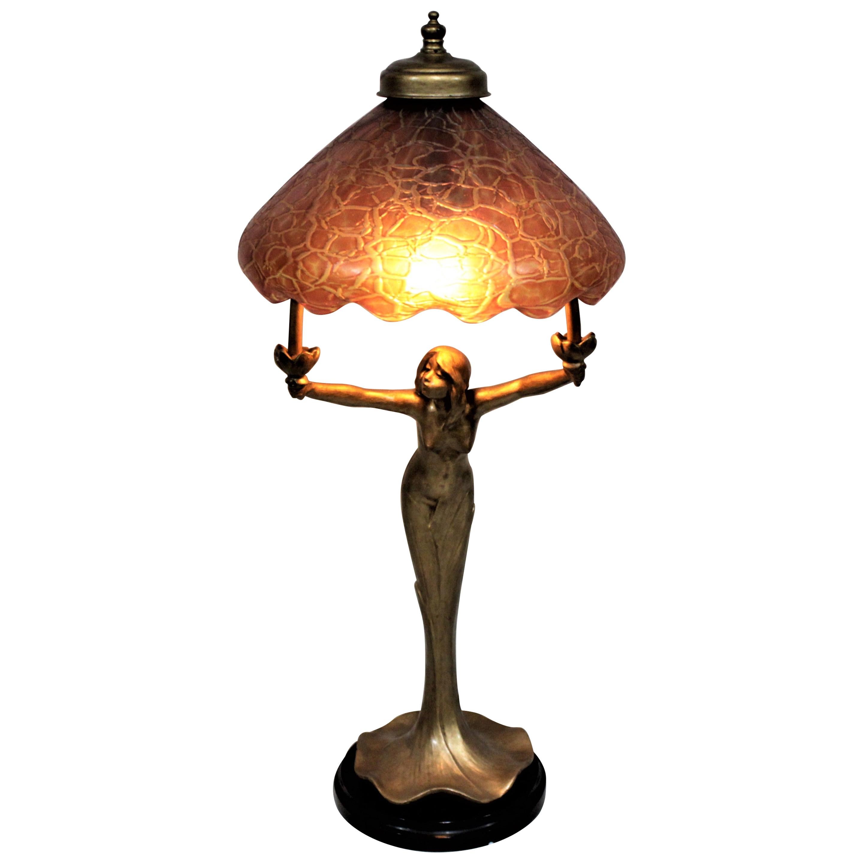 Antique Art Nouveau Figural Young Female Table Lamp with an Art Glass Shade