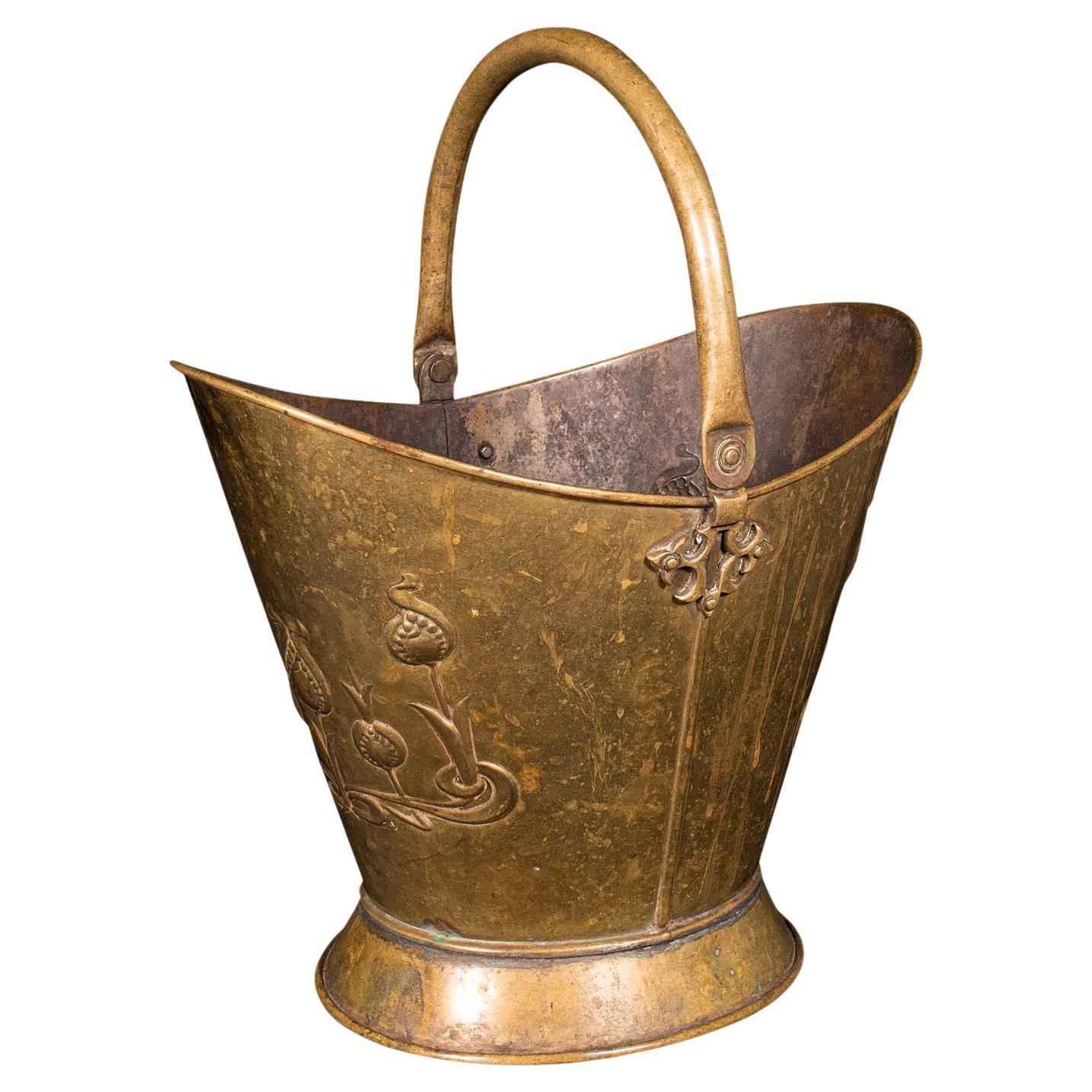 Antique Art Nouveau Fireside Bucket, English, Brass, Log, Coal Bin, Victorian For Sale