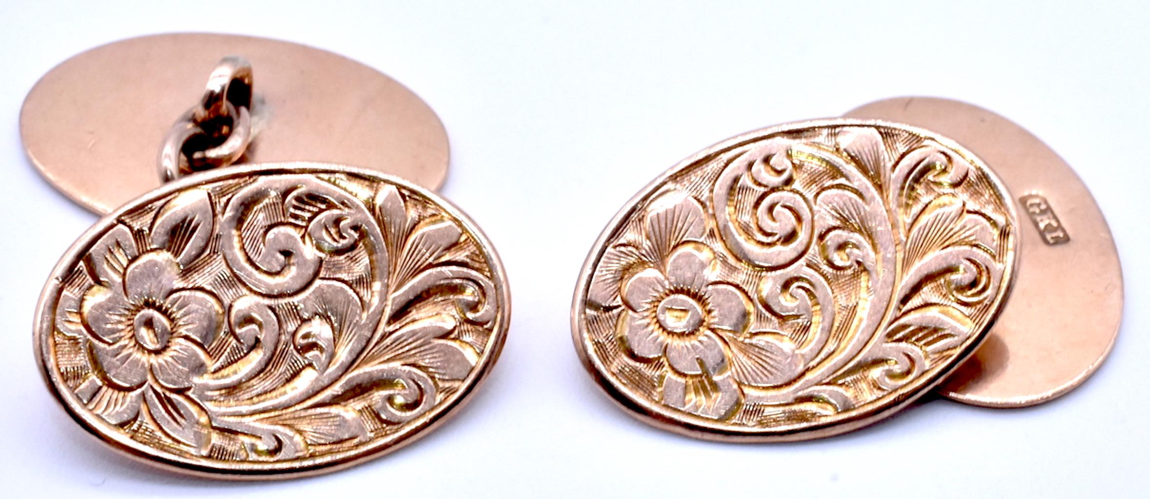 Antique Art Nouveau Floral Engraved 9K gold cufflinks hallmarked 1908, a great gift for that special French Cuff Guy.