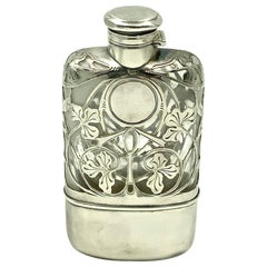 Antique Art Nouveau Floral Gorham Sterling Silver Overlay Flask