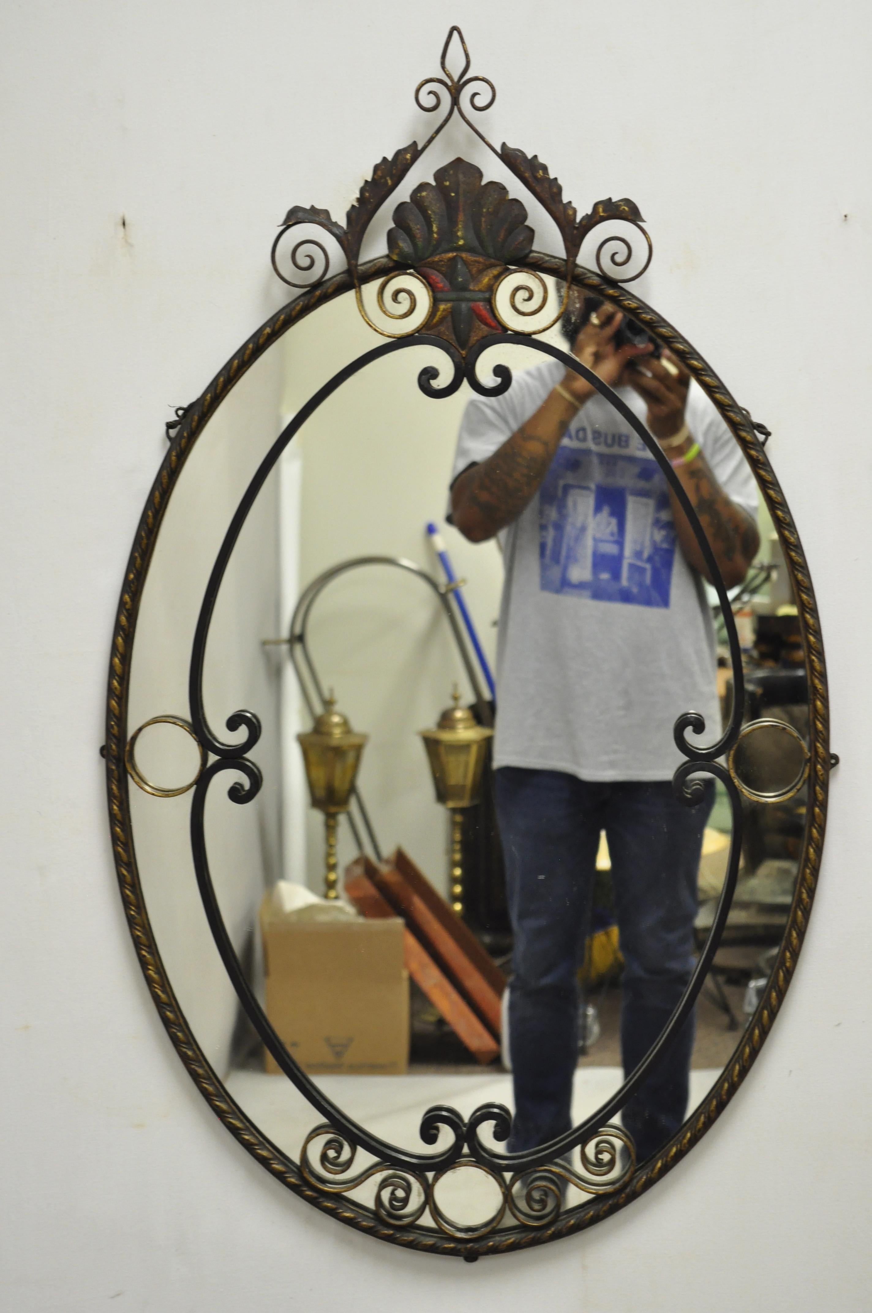 Antique Art Nouveau Floral Wrought Iron Frame Oval Wall Console Mirror 1