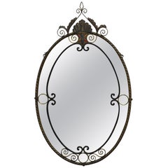 Antique Art Nouveau Floral Wrought Iron Frame Oval Wall Console Mirror