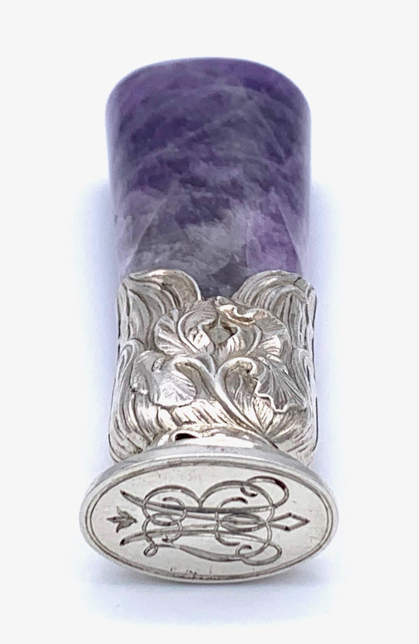 Mixed Cut Antique Art Nouveau Desk Top Seal Fluorite Fluorspar Silver Iris Initials E M J For Sale