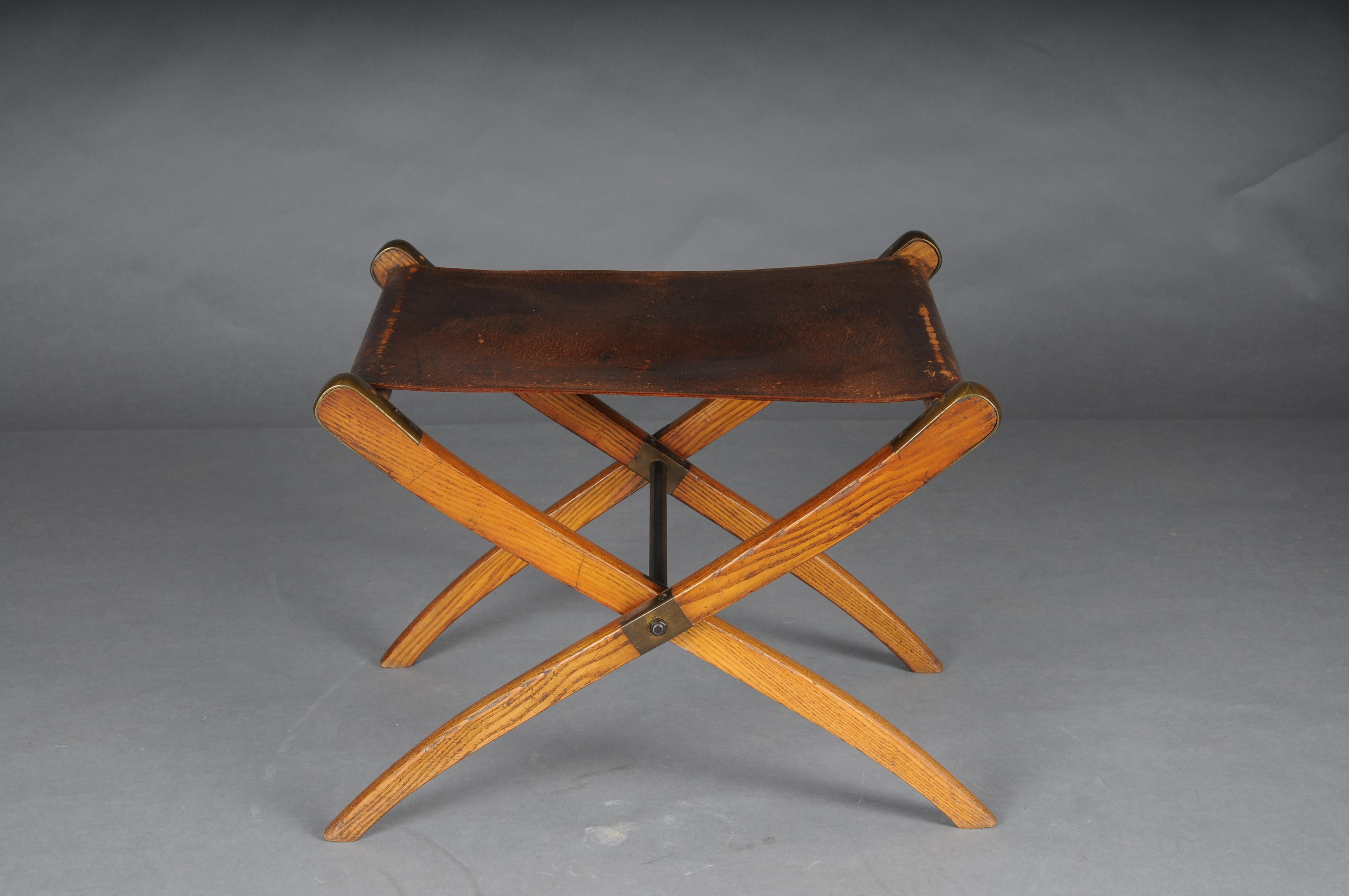 German Antique Art Nouveau folding stool with leather, circa 1910 For Sale